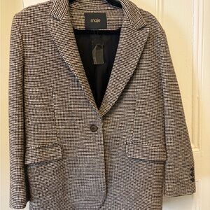 Maje Black and Cream Houndstooth Single-Button Blazer